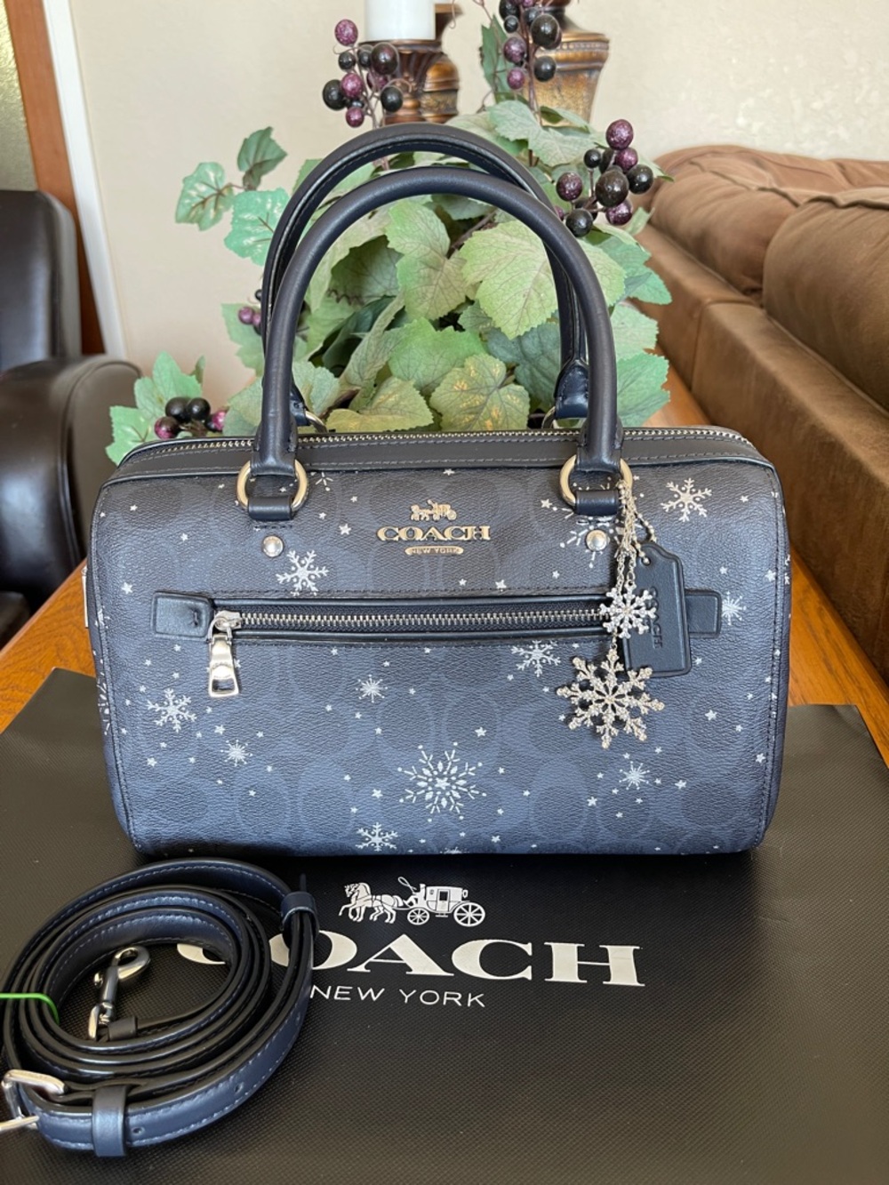 Coach Rowan Satchel in Navy Signature Canvas with Snowflakes